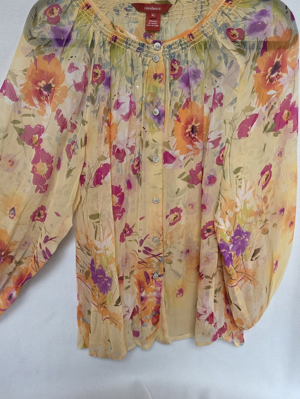 Sundance Cream Floral Button-Front Blouse with Pink & Orange Blooms XL New - Picture 3 of 8